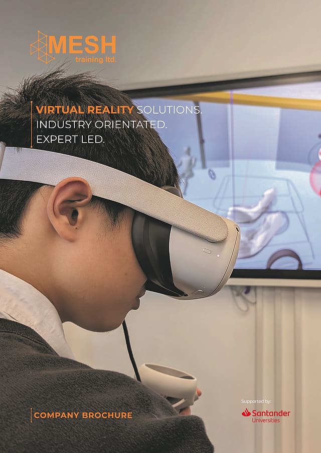 Front cover of the Mesh Training company brochure: a student wearing a VR headset beside the words Virtual Reality Solutions, Industry Orientated, Expert Led